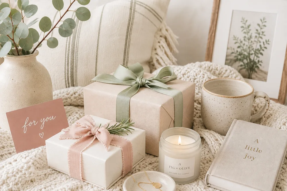 Wrapped gifts with sage and blush ribbon, a soy candle, a speckled mug, and eucalyptus on a knit throw.