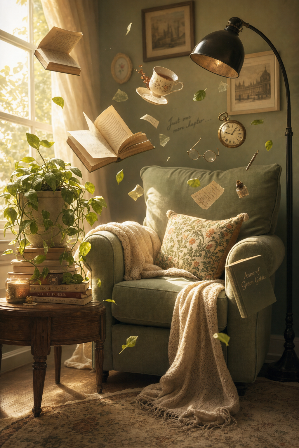 A surreal cozy reading nook with an oversized sage armchair absorbing floating books, a teacup, and a pocket watch — AI-inspired concept art for The Armchair That Swallowed Tuesday.