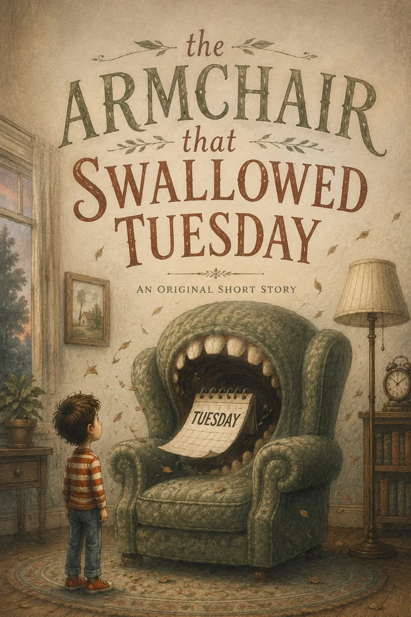 Illustrated cover of The Armchair That Swallowed Tuesday, a book we dreamed up.