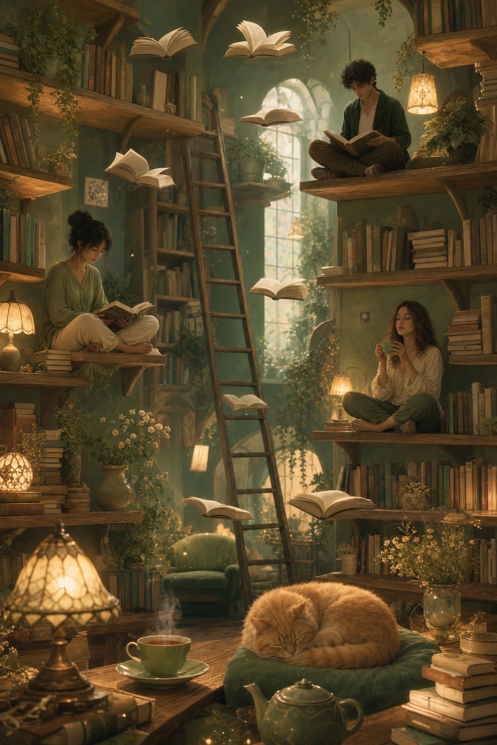A surreal cozy cover showing a bookshop with people sitting on the shelves.