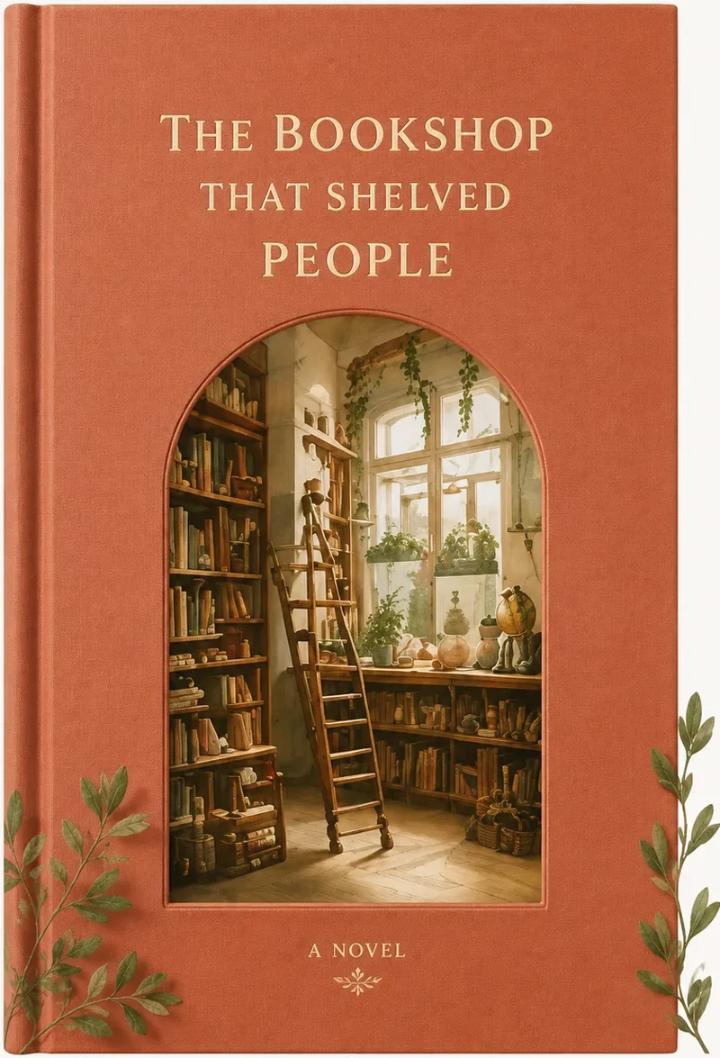 A surreal cozy cover showing a bookshop with people sitting on the shelves.