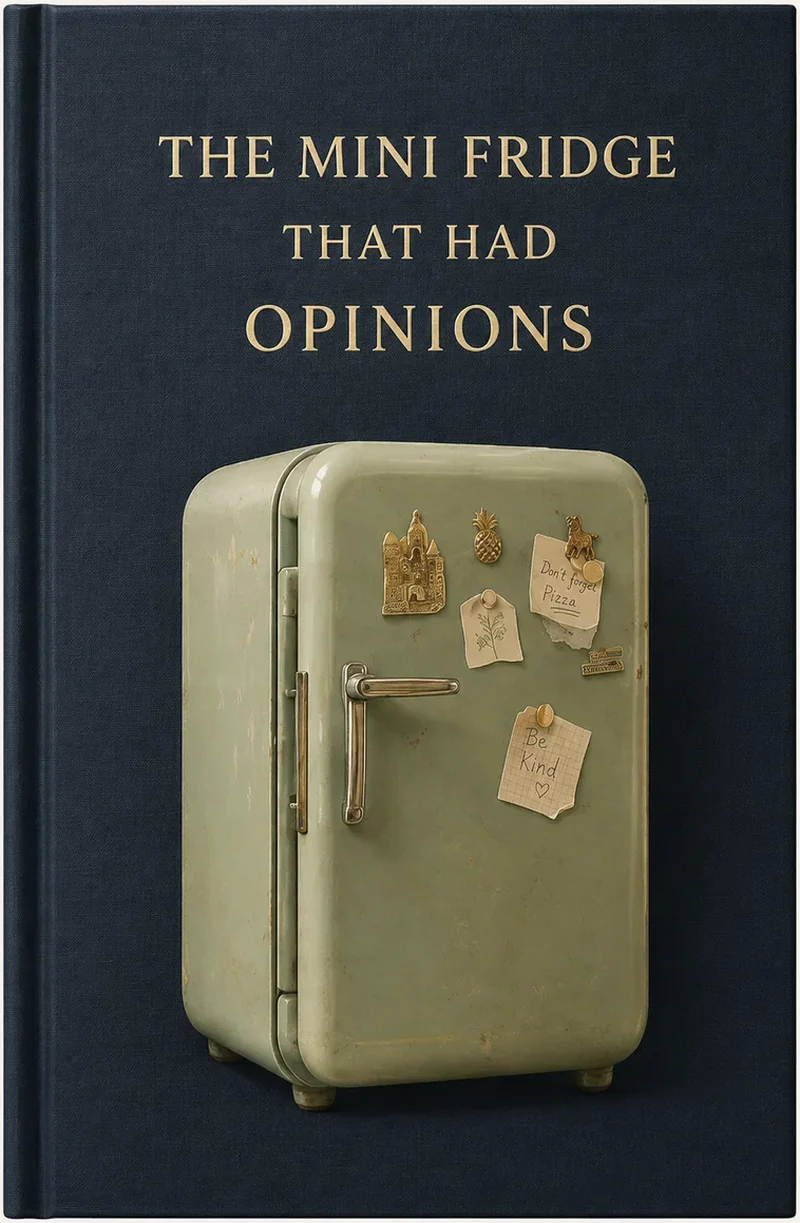 A surreal cozy cover showing a mini fridge humming with opinions.