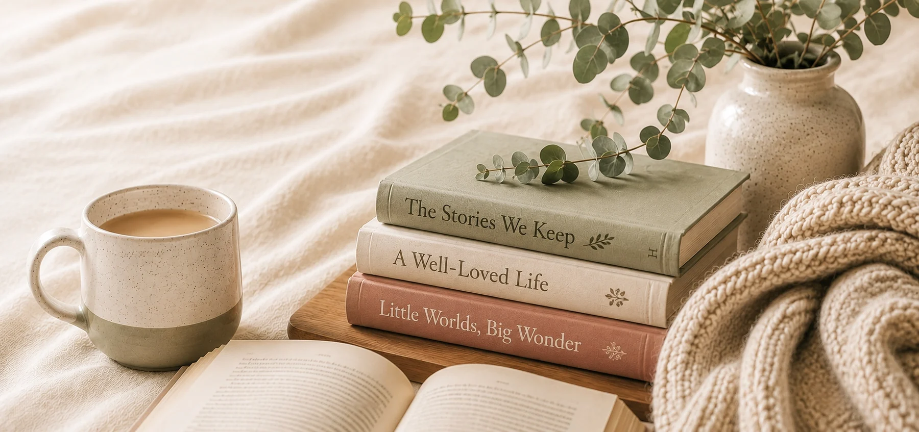 A stack of linen-bound books on a bed with a speckled mug, eucalyptus, and a knit throw.