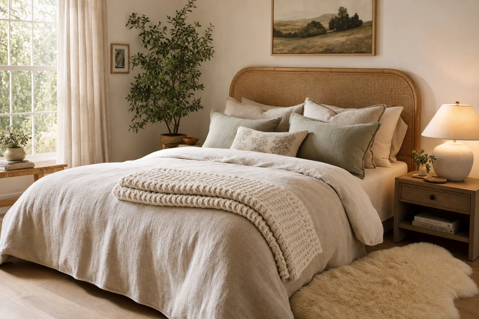 Serene cozy bedroom with linen duvet, knit throw, and a warm bedside lamp.