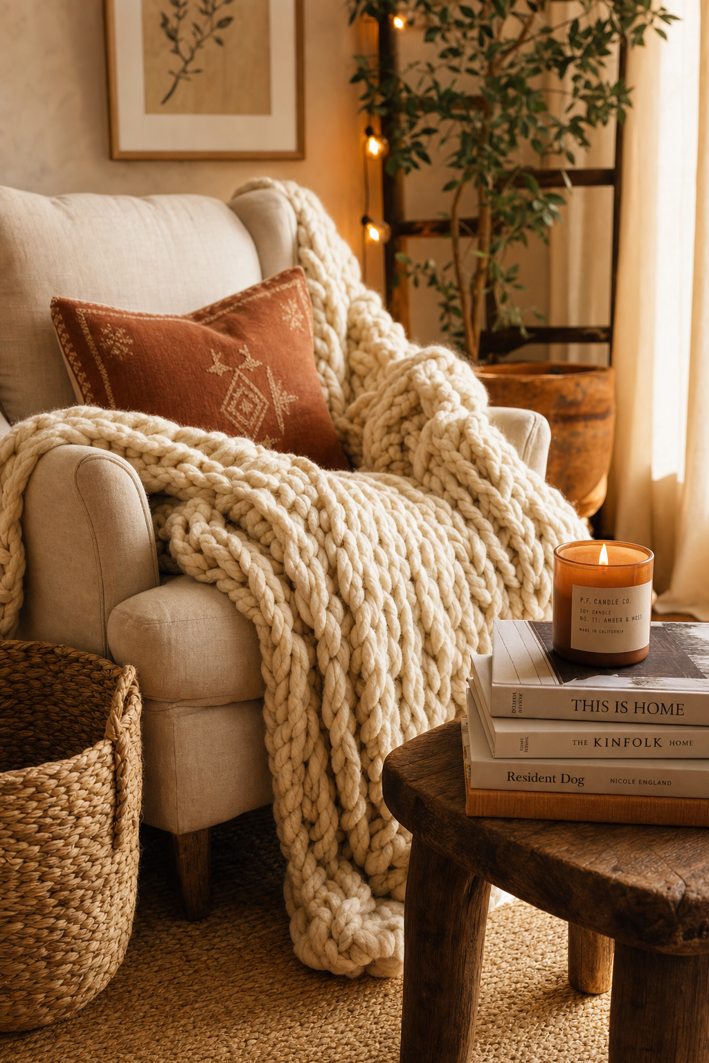 Cozy living room corner with knit throw, candle, and warm string lights.
