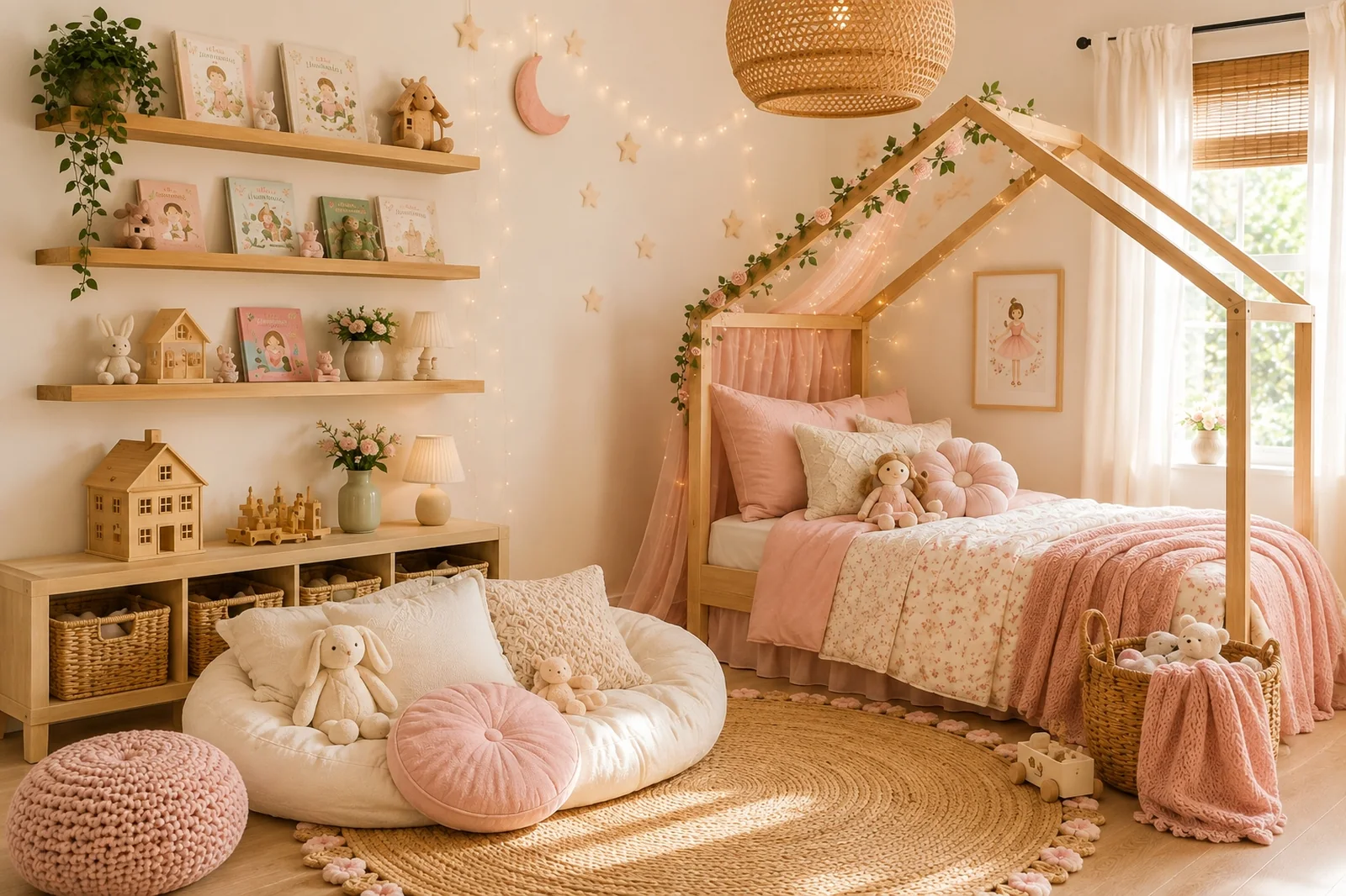 Little girl’s bedroom with a natural wood house bed, blush floral bedding, a rattan pendant light, and a round jute rug.