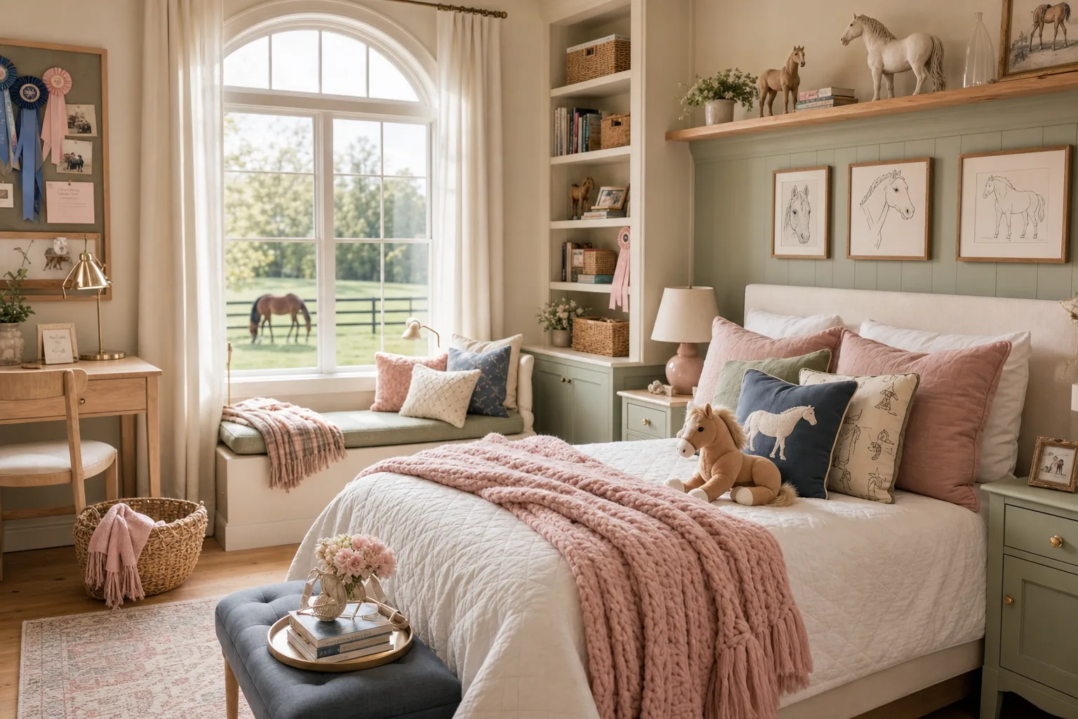 Horse-themed bedroom with warm wood, ribbon display, and equestrian art.