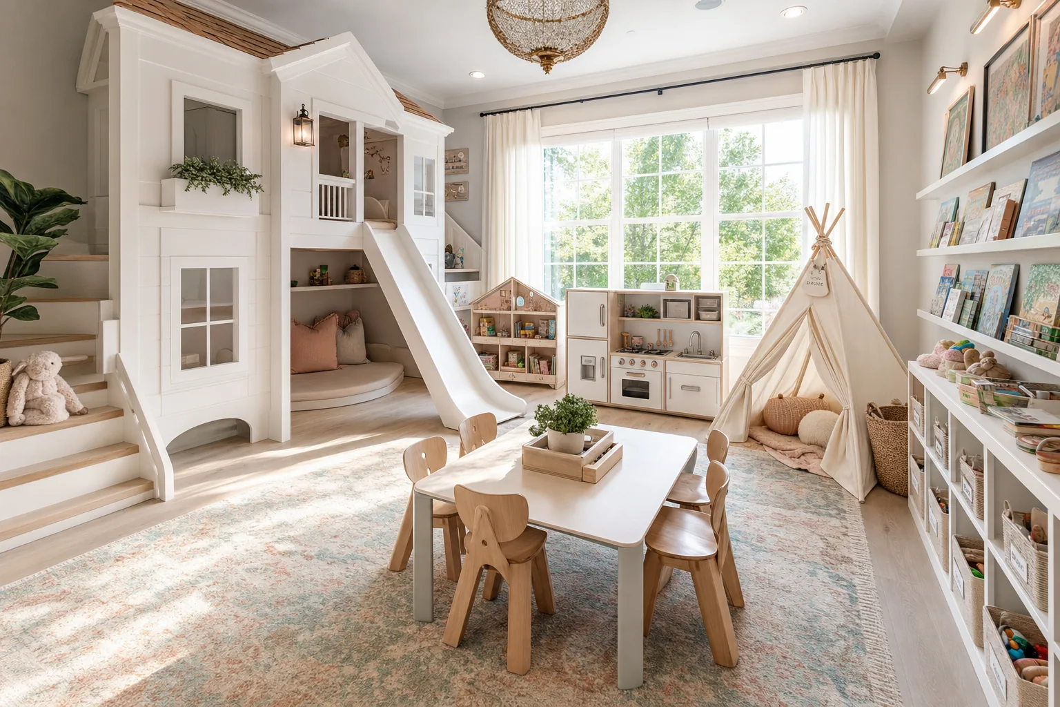 Bright luxury kids playroom with built-in playhouse, indoor slide, teepee, and toy storage.