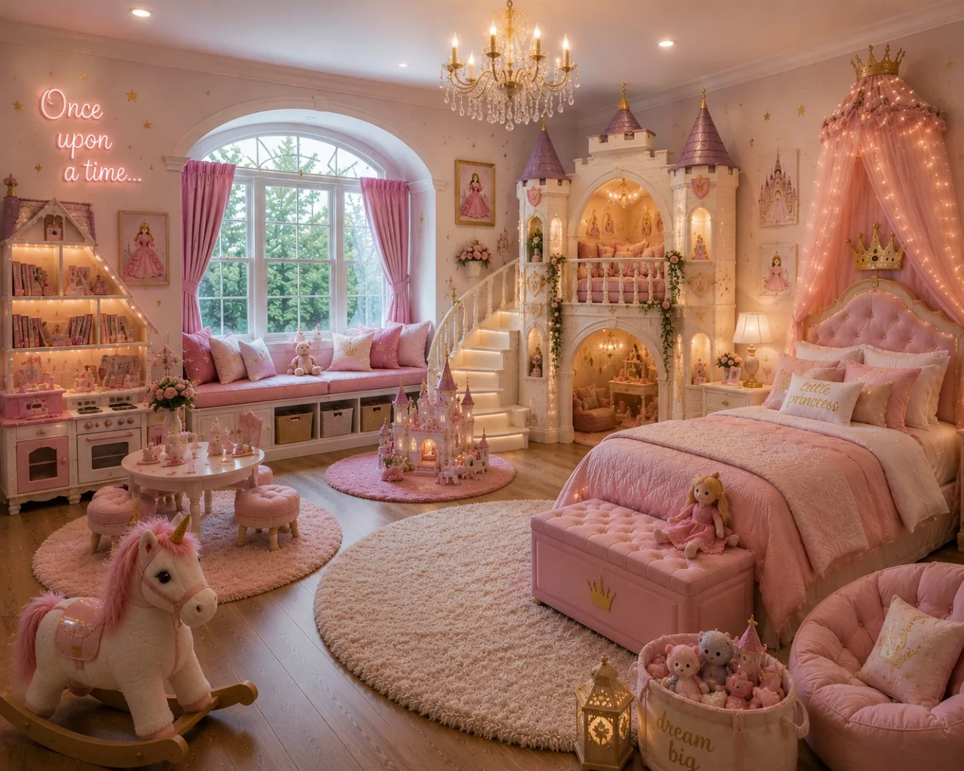Fairytale princess castle bedroom with pink canopy bed, castle playhouse, star lights, and plush unicorn.