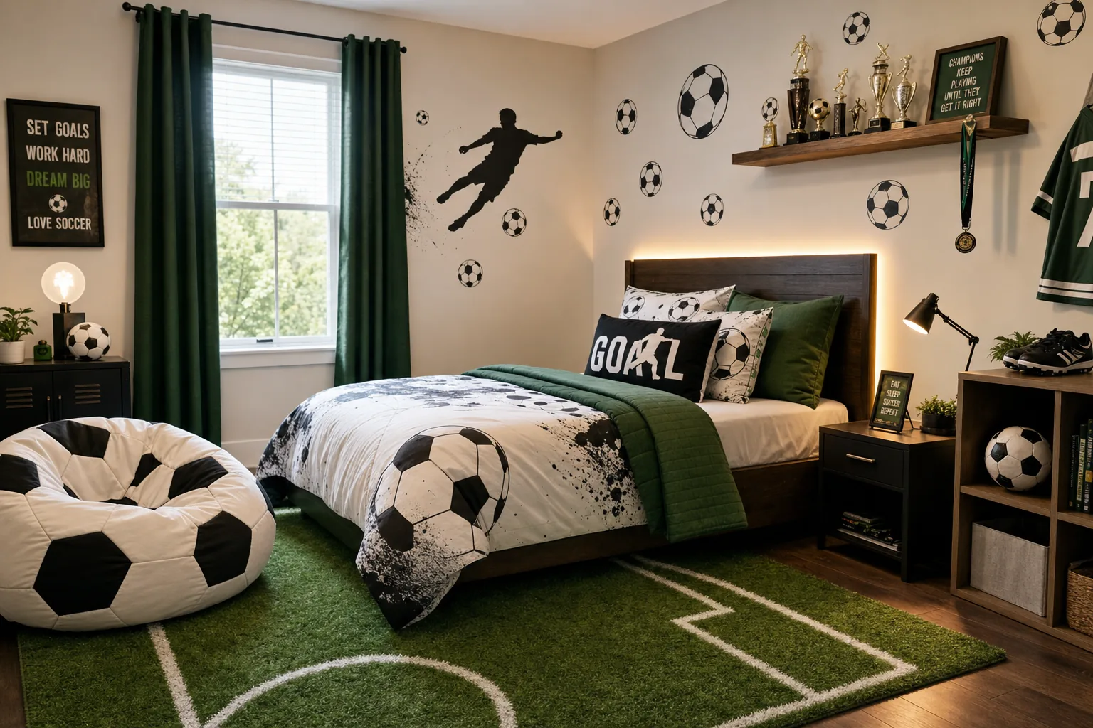Soccer bedroom with turf-look rug, soccer ball bean bag, and trophy shelf.