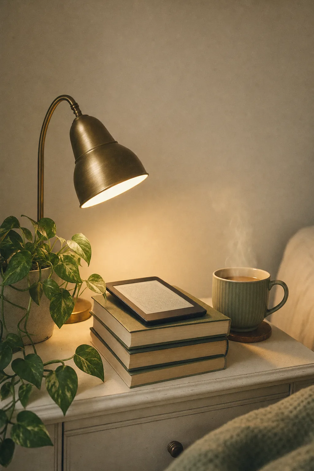 A Kindle e-reader resting on a stack of books beside a mug of tea and a brass reading lamp.