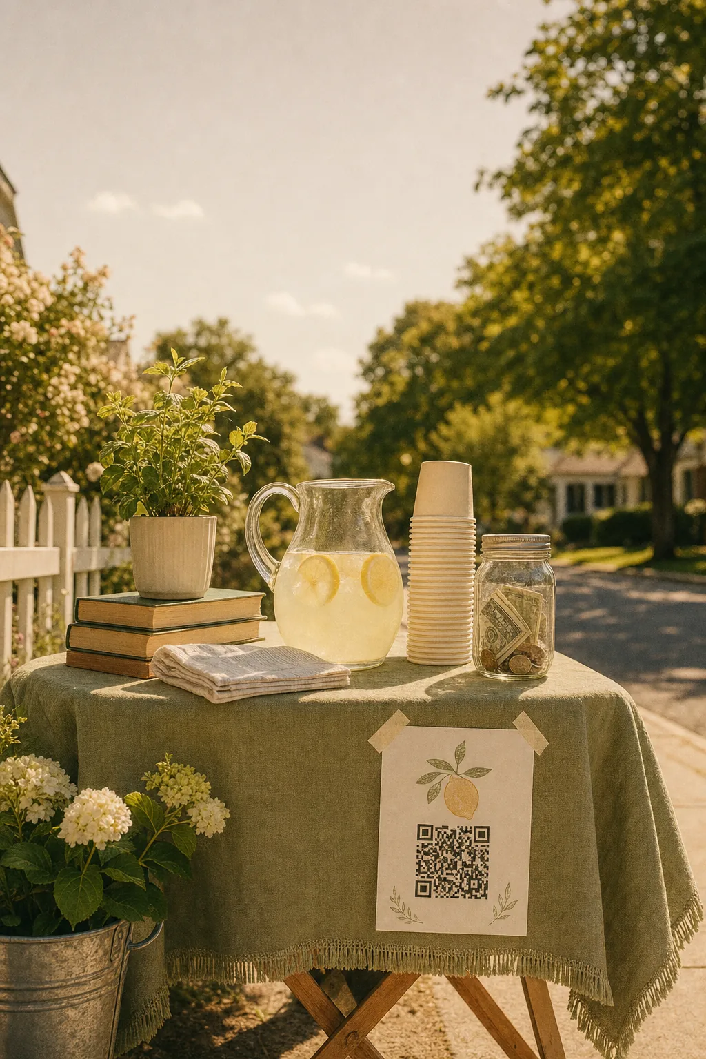 A neighborhood lemonade stand with a pitcher of pale lemonade, a donations jar, and a printed flyer with a QR code.