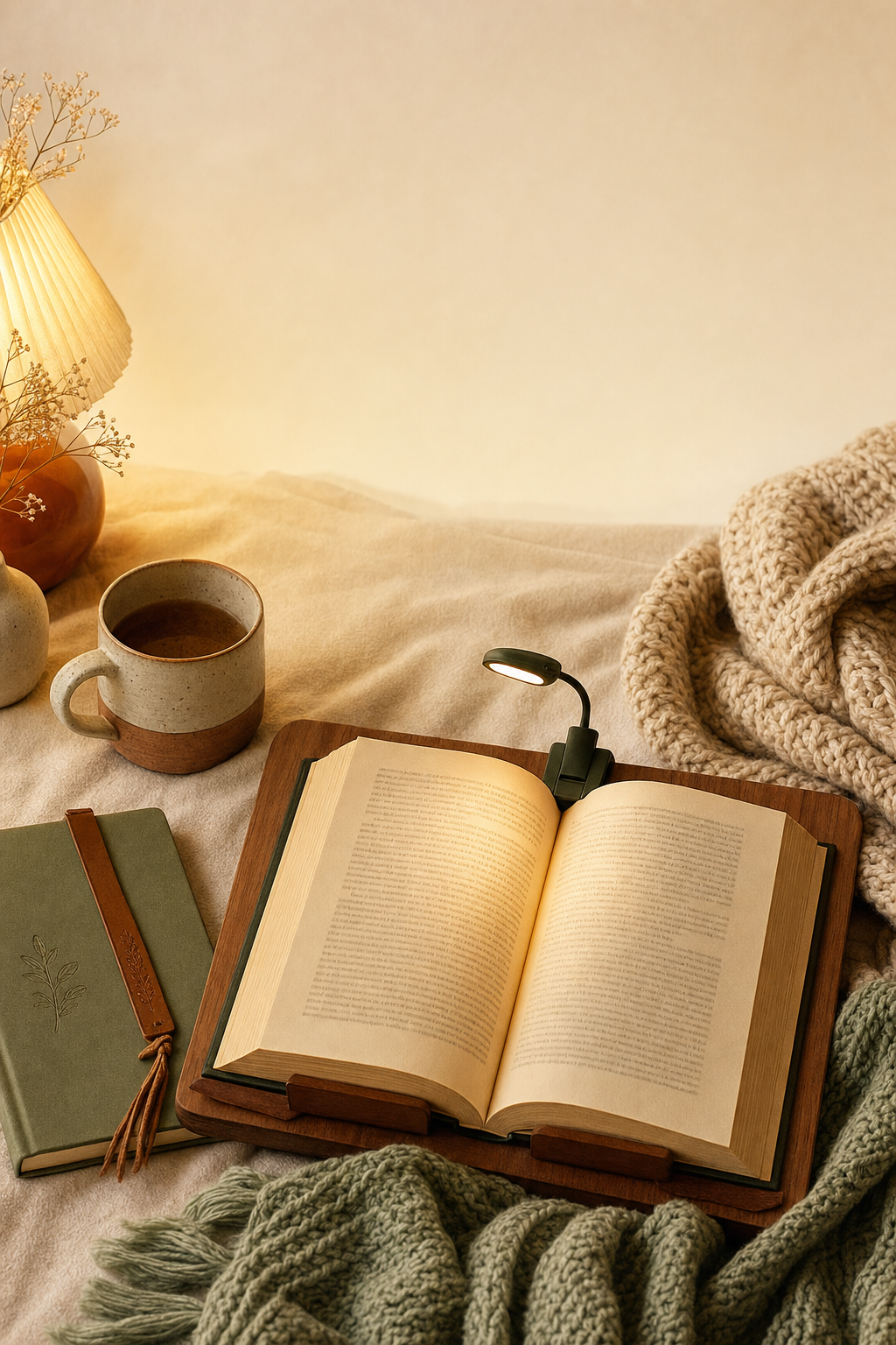 Cozy book lover flat lay with reading light, mug, and bookmark.
