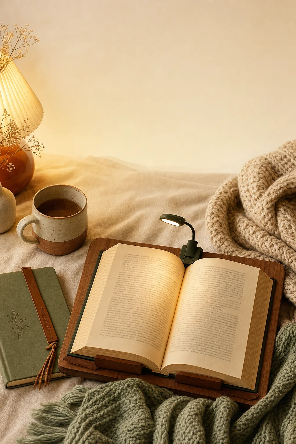 Open book with a clip-on reading light, a speckled mug, a green journal, and a knit throw.