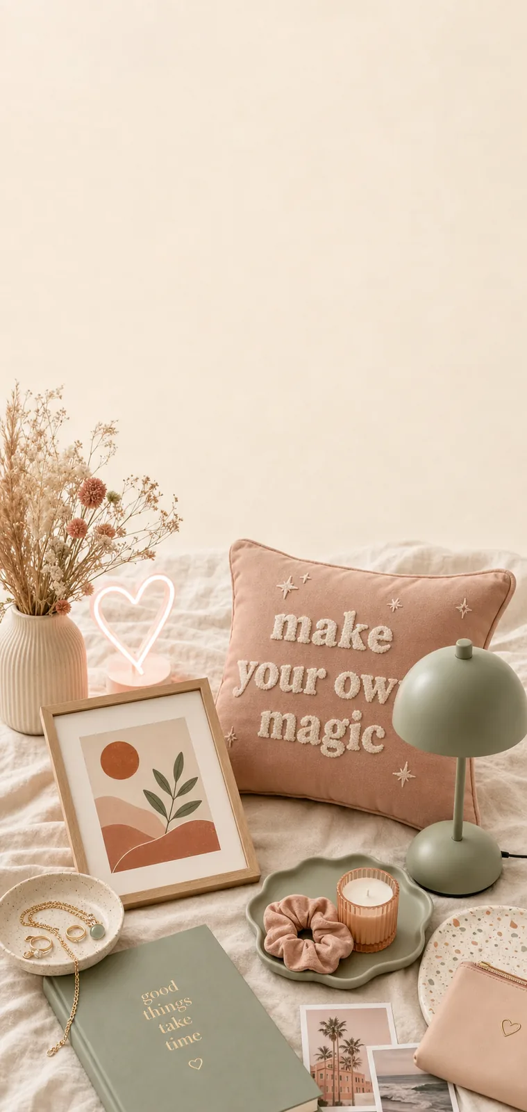 Flat lay of gift-worthy room decor: neon sign, decorative pillow, framed art, desk lamp, jewelry dish.