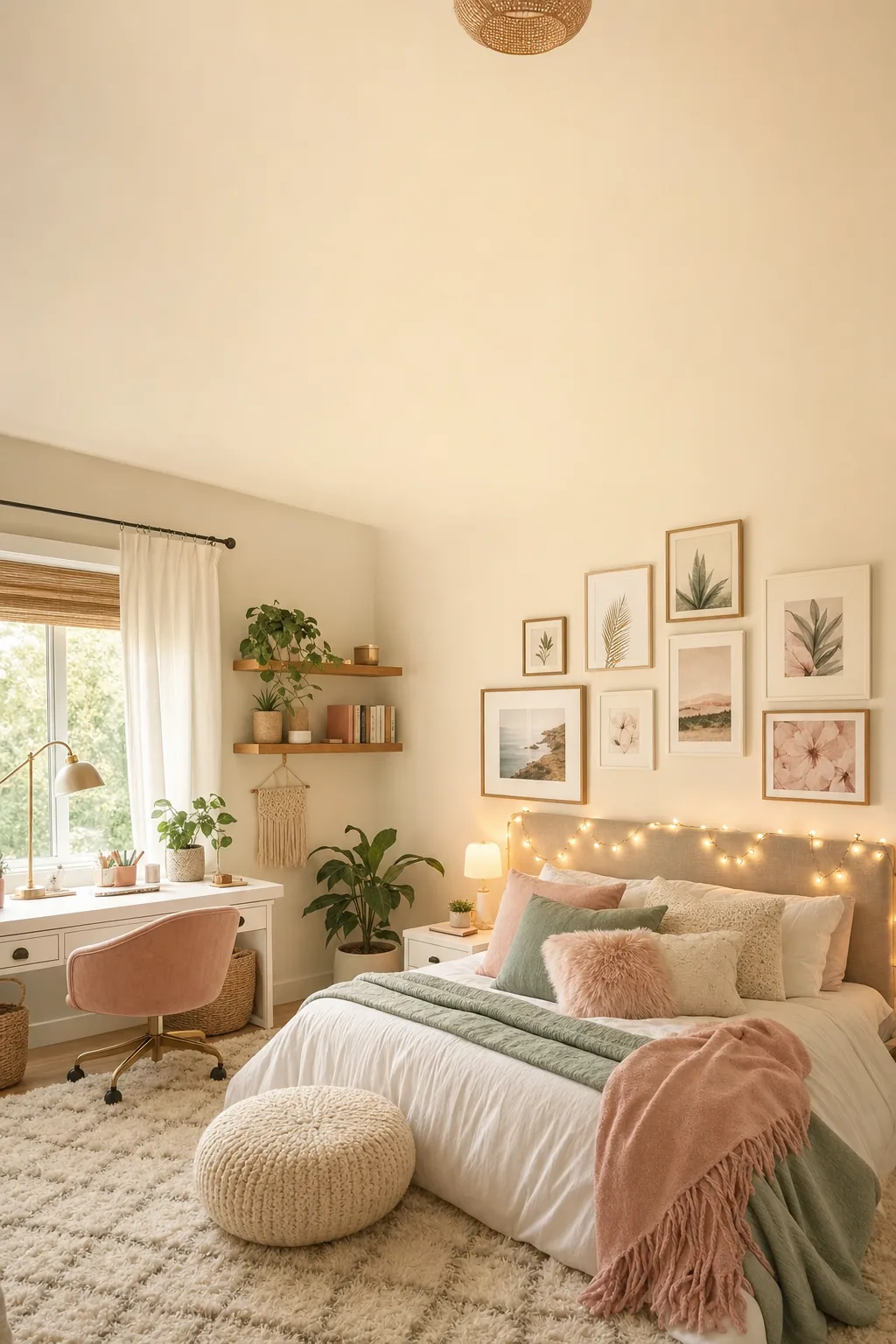 Stylish tween bedroom with cozy bedding, gallery wall, and fairy lights.