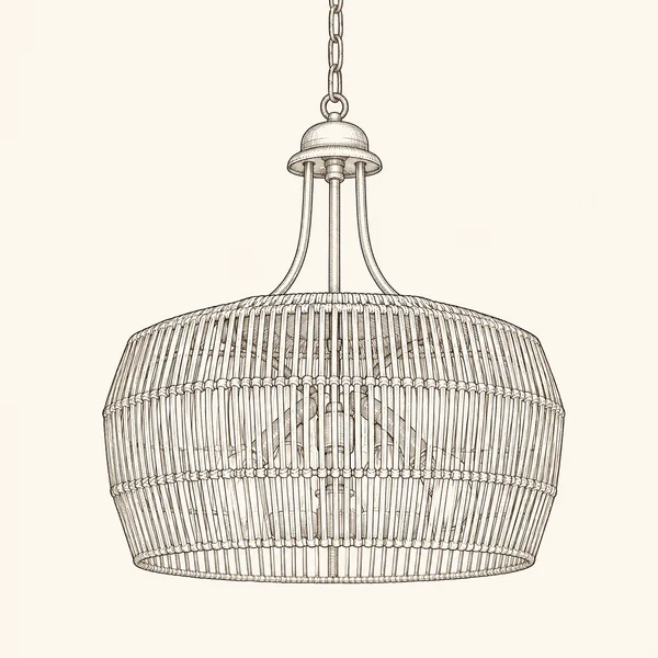Illustrated sketch of a gold rattan chandelier.