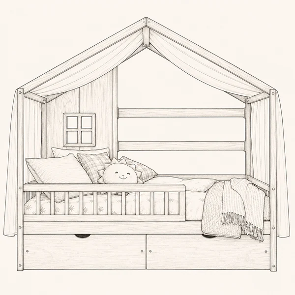 Illustrated sketch of a house bed frame.