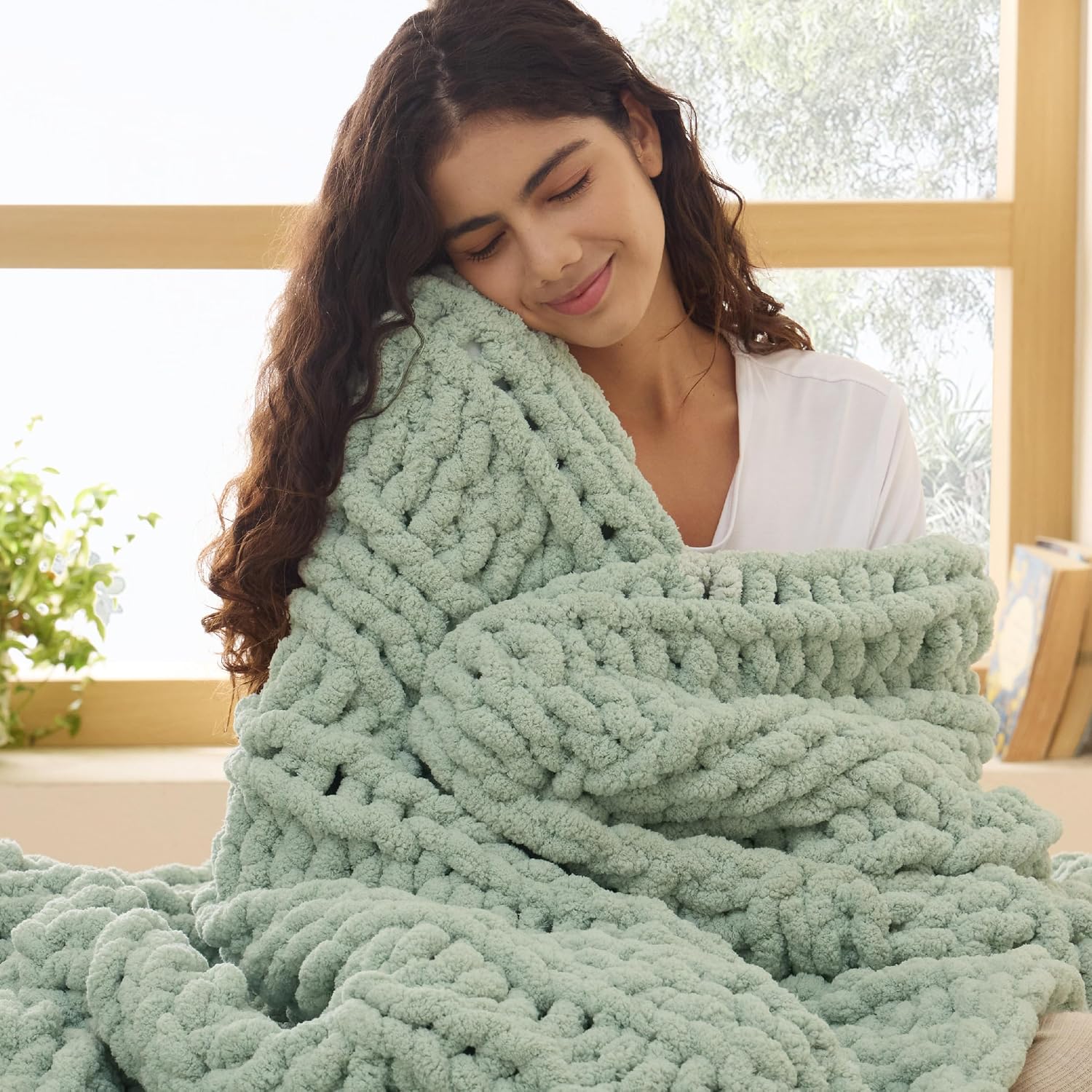 Bedsure Chunky Knit Chenille Throw in light sage green