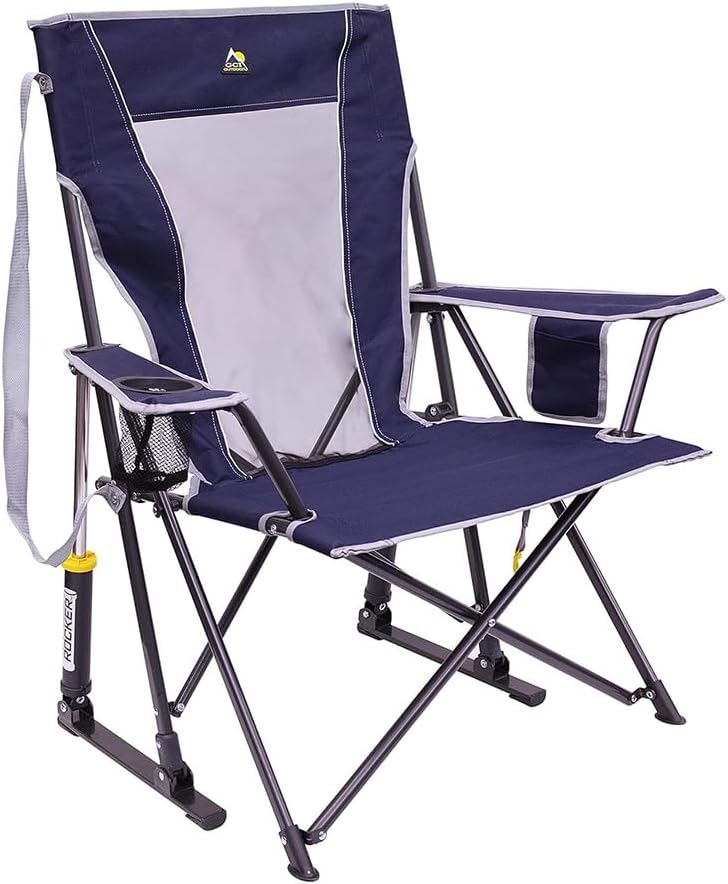 Folding chair with cup holder and side pocket.