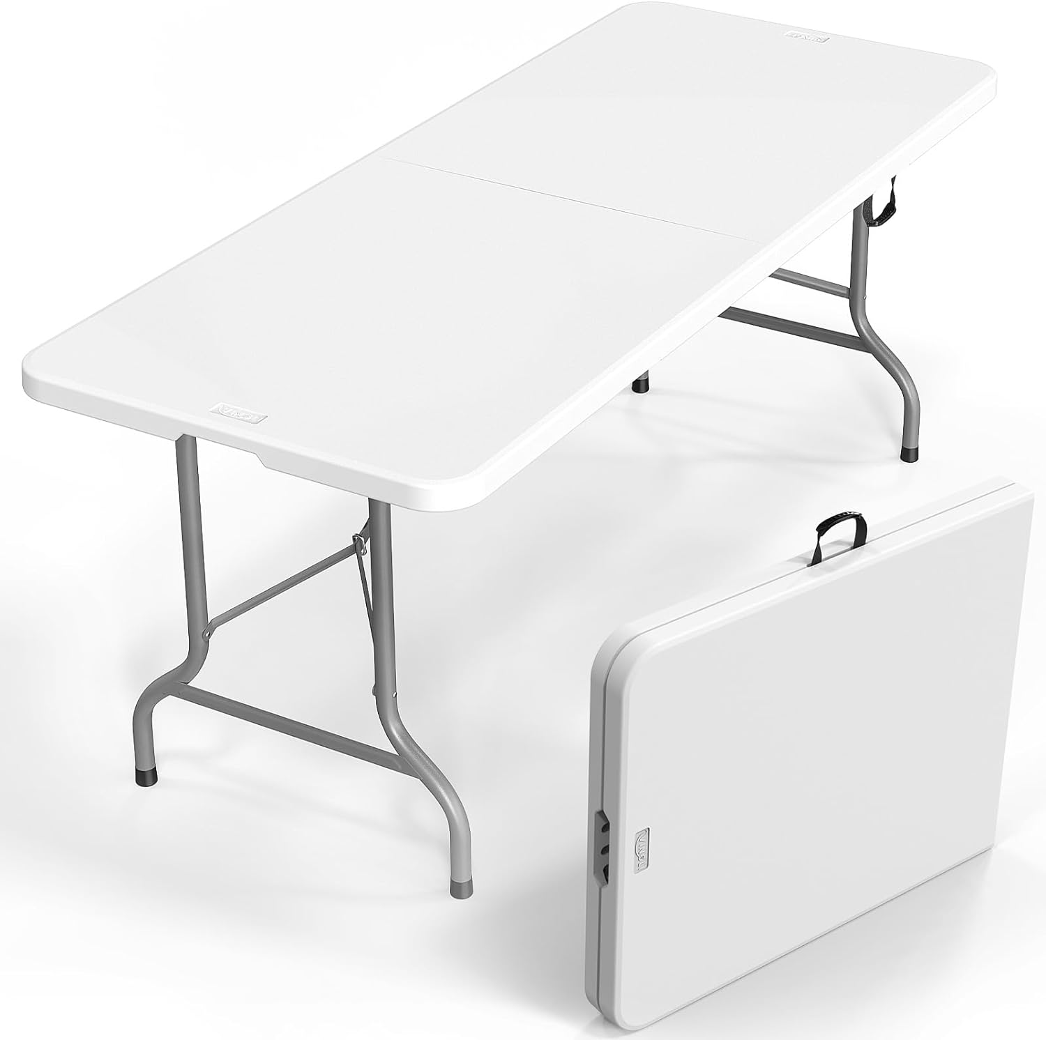 White plastic folding table, shown assembled and folded.