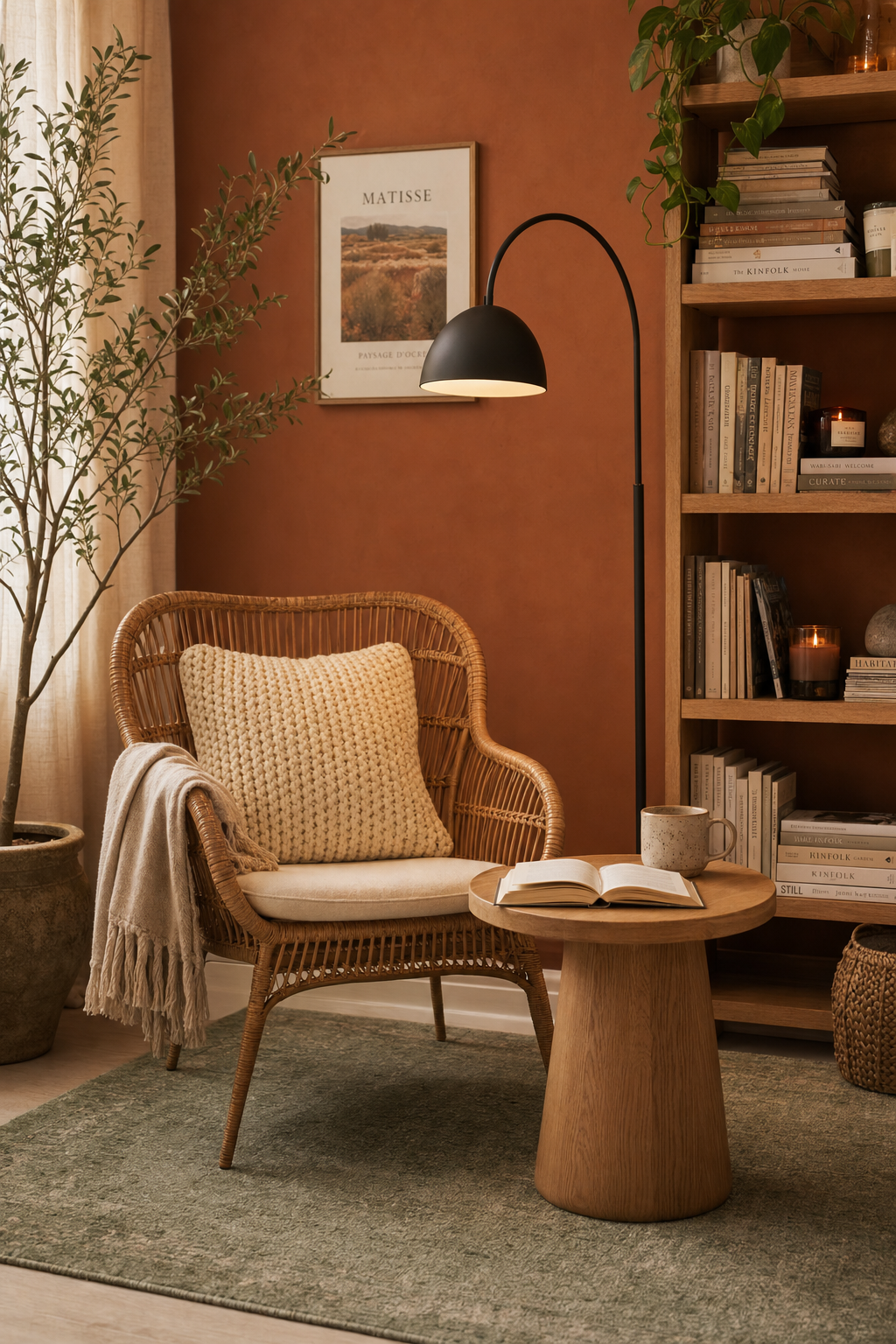 Cozy reading corner with a rattan chair, knit cushion, arc floor lamp, and bookshelf.