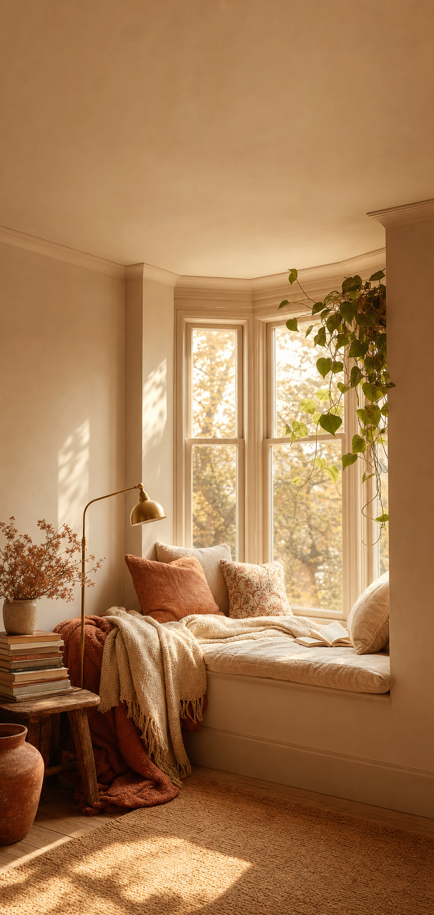 Vertical view of a dreamy cozy reading nook by a bay window.